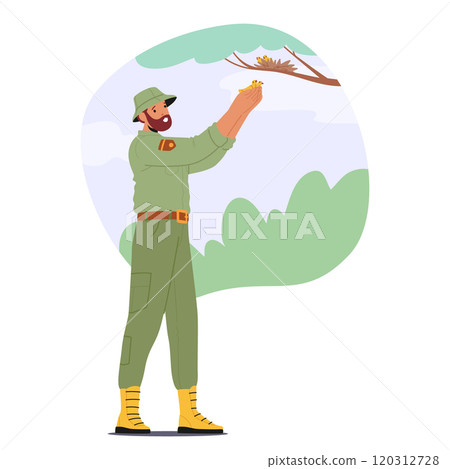 Forest ranger saving life of little birdie fallen down from nest during inspection in national park Forest ranger saving life of little birdie fallen down from nest during inspection in national park 120312728