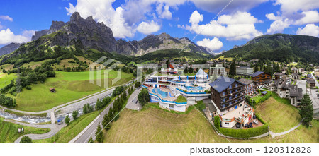 Switzerland scenery and best tourist destination in Valais canton. Beautiful Leukerbad village and thermal resort 120312828