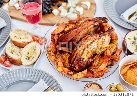Close up background image of delicious roasted turkey dish on table served for dinner party in celebration of holidays copy space Close up background image of delicious roasted turkey dish on table served for dinner party in celebration of holidays copy space 120312871