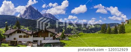 Alpine countryside . beautiful Alps mountains Dolomites, Val Gardena ski resort in south Tyrol in northern Italy. Alpine nature scenery Alpine countryside . beautiful Alps mountains Dolomites, Val Gardena ski resort in south Tyrol in northern Italy. Alpine nature scenery 120312929