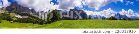 Breathtaking panorama of beautiful Alps mountains Dolomites, Val Gardena ski resort in south Tyrol in northern Italy. Alpine nature scenery Breathtaking panorama of beautiful Alps mountains Dolomites, Val Gardena ski resort in south Tyrol in northern Italy. Alpine nature scenery 120312930