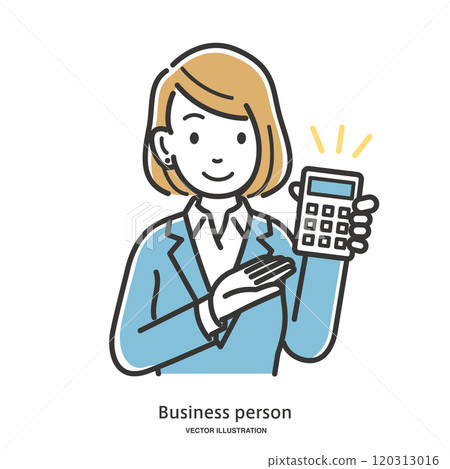A female office worker in a suit presenting an estimated price on a calculator 120313016