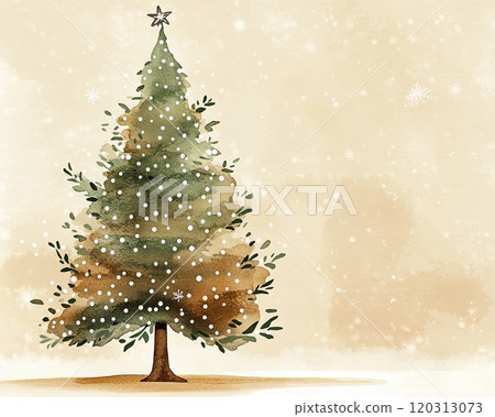 Watercolor Christmas Tree in Earthy Greens and Browns with Snowflake Dots on Soft Beige Background Watercolor Christmas Tree in Earthy Greens and Browns with Snowflake Dots on Soft Beige Background 120313073