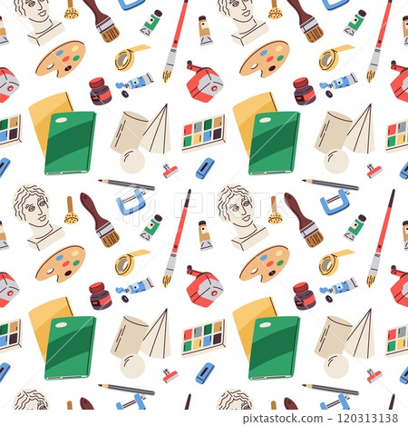 Artist tools seamless pattern. Painting accessories. Plaster heads and figures. Repeated print. Paint palette. Brushes and pencils. Easel canvas. Sketchbook paper. Garish vector background Artist tools seamless pattern. Painting accessories. Plaster heads and figures. Repeated print. Paint palette. Brushes and pencils. Easel canvas. Sketchbook paper. Garish vector background 120313138