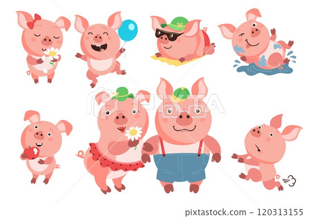 Cartoon pig characters. Cute domestic animals in different poses, actions and emotions. Smiling children and parents. Piggy family. Happy farm mammals. Pink piglets. Splendid vector set 120313155