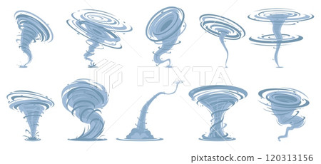 Cartoon tornado. Twisted winds effects. Natural disasters. Weather anomalies. Dangerous hurricanes. Storm with funnels. Aggressive vortex. Climate phenomenon. Vector whirlwinds set 120313156