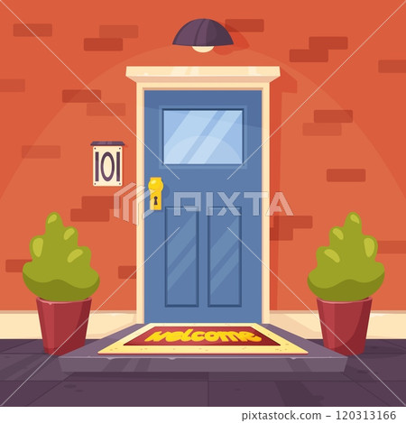 Entry with door mat. Front part of house. Welcome carpet for shoes. Home elements. Plants in outdoor pots. Masonry facade. Apartment doorway. Building porch entrance. Recent vector concept 120313166