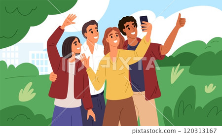 Friends group selfie. Smiling young people take photo with front facing camera in city park. Happy moment to remember. Mobile snapshots. Posing for photography. Garish vector concept 120313167