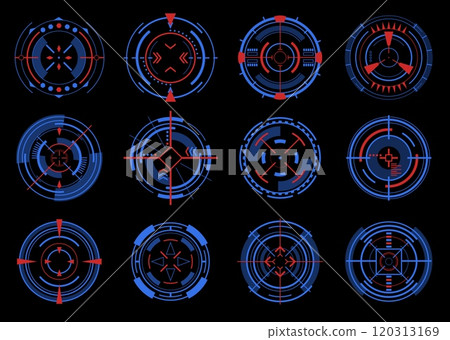 Futuristic game targets. HUD sniper aims. Accuracy signs. Military simulator. Radar locations. Camera viewfinder. Bullseye crosshair. Focus range Sci-Fi interface. Vector UI elements set 120313169