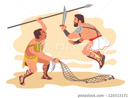 Gladiators fight scenes. Ancient Roman warriors. People in armor. Legionnaires in battlefield. Colosseum battles. Soldiers attacking and defending with weapon. Splendid vector concept Gladiators fight scenes. Ancient Roman warriors. People in armor. Legionnaires in battlefield. Colosseum battles. Soldiers attacking and defending with weapon. Splendid vector concept 120313171