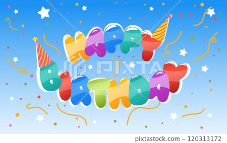 Happy birthday air balloons. Confetti and stars. Serpentine ribbons. Kids holiday. Anniversary party. Colorful letters. Congratulation greeting cards. Rounded shapes. Vector poster design 120313172