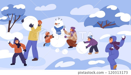 Happy family winter games. Funny parents with children make snowman and play snowballs. Outdoor snow activities. Cold season leisure. People walking in nature park. Garish vector concept Happy family winter games. Funny parents with children make snowman and play snowballs. Outdoor snow activities. Cold season leisure. People walking in nature park. Garish vector concept 120313173