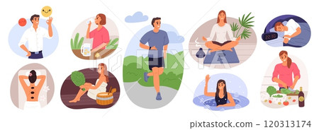 Healthy lifestyle. Mental health. Physical activity. People doing sport exercises. Fresh food. Timely rest and body care. Correct regime. Yoga meditation. Spa massage. Garish vector set 120313174