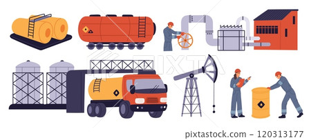 Oil industry workers. Cartoon oilmen in workwears. Gas pipes. Industrial containers or barrels. Petroleum engineers. Gasoline logistics. Refinery plant. Truck cistern. Garish vector set 120313177