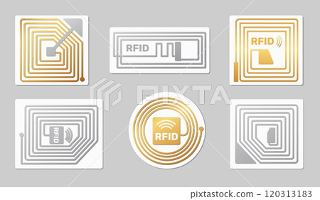 RFID tags. Golden and silver radio frequency identification stickers. Wireless technology. Privacy or protection chips. Identify microchip frame. Vector electronic access objects set RFID tags. Golden and silver radio frequency identification stickers. Wireless technology. Privacy or protection chips. Identify microchip frame. Vector electronic access objects set 120313183