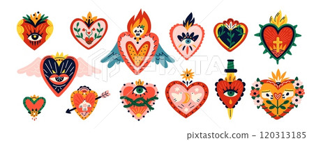 Sacred hearts. Mystical spirit objects. Mexican traditional love symbols. Burning hearts with eyes. Cultural charms. Tattoo design. Muertos skull. Religion cross or knife. Garish vector set 120313185