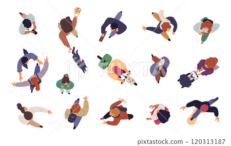 Walking people. Top view different persons. Male and female characters in casual clothes. Man on bicycle. Woman carry bag. Owner with dog. Mother with baby carriage. Garish vector set Walking people. Top view different persons. Male and female characters in casual clothes. Man on bicycle. Woman carry bag. Owner with dog. Mother with baby carriage. Garish vector set 120313187