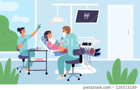 Woman at dentist appointment. Patient in doctor office. Dentistry prosthetics. Caries treatment. Stomatological tools. Orthodontic clinic. X-ray photo of teeth. Garish vector concept 120313189