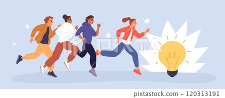 Young entrepreneurs chasing idea. People running for glowing light bulb. Workers in fresh ideas search. Startup innovation. Business persons rivalry. Leaders race. Garish vector concept Young entrepreneurs chasing idea. People running for glowing light bulb. Workers in fresh ideas search. Startup innovation. Business persons rivalry. Leaders race. Garish vector concept 120313191
