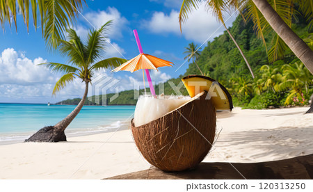 horizontal image of a coconut used as a cocktail drink on a tropical beach background 120313250