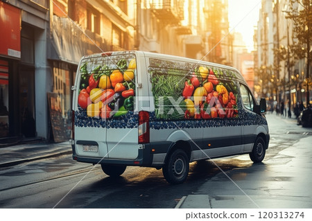 Delivery van promoting healthy eating with colorful vegetable wrap in a city street 120313274