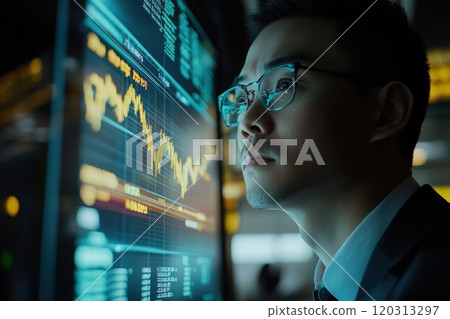 Stockbroker analyzing data on computer screen in office at night 120313297