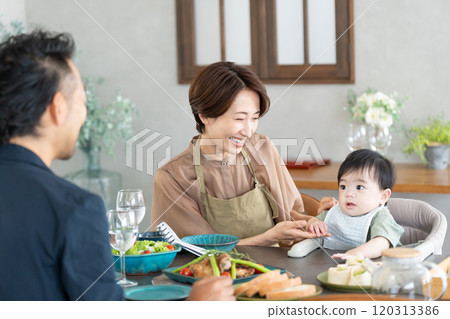 A couple feeding their baby food A couple feeding their baby food 120313386
