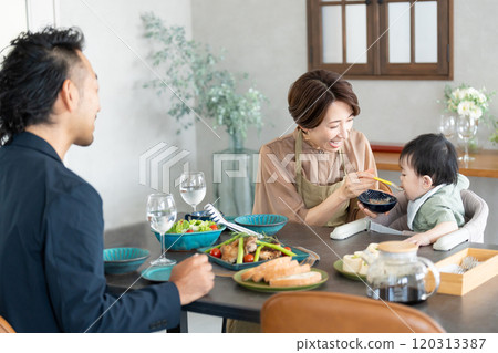 A couple feeding their baby food 120313387