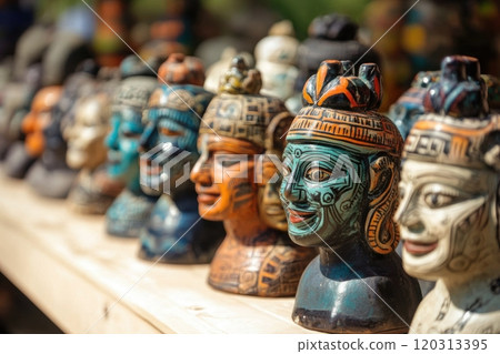 Colorful ceramic heads showing cultural heritage on display at market 120313395