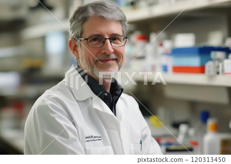 Portrait of a confident scientist smiling in medical research laboratory 120313450