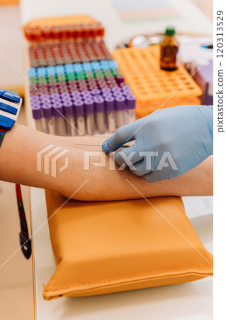 Healthcare professional preparing for a blood draw in a clinical laboratory setting Healthcare professional preparing for a blood draw in a clinical laboratory setting 120313529
