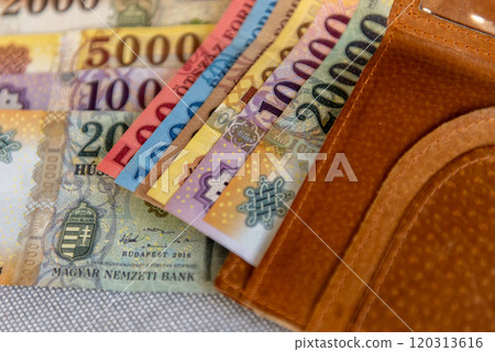 Hungarian forint banknotes in a brown leather wallet. 120313616