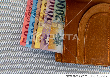 Hungarian forint banknotes in a brown leather wallet. Hungarian forint banknotes in a brown leather wallet. 120313617