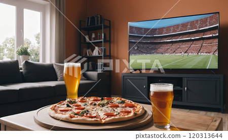 horizontal image of a living room with a tv showing sports and a table with pizza and beer for the evening 120313644
