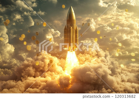 Rocket fueling with golden coins ascending in bullish market trend 120313682
