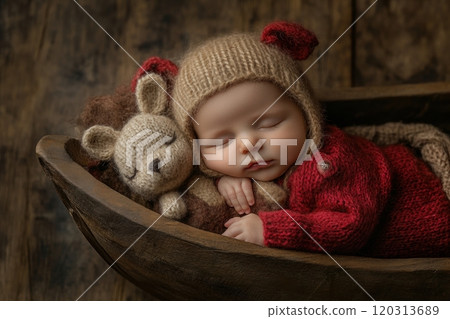 Newborn baby sleeping peacefully with knitted toy in wooden bowl 120313689