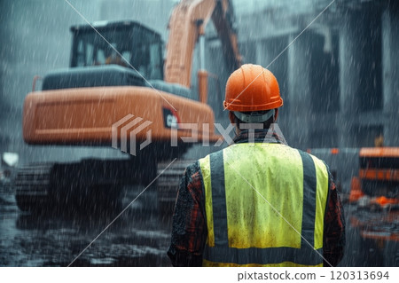 Construction worker wearing high visibility vest supervising excavator in rain 120313694