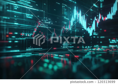 Financial data analysis showing growing stock market trends on virtual screen Financial data analysis showing growing stock market trends on virtual screen 120313699