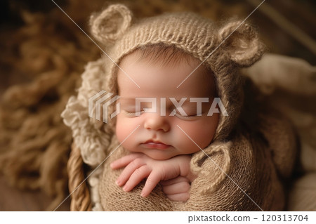 Newborn baby sleeping peacefully in knitted bear bonnet and blanket Newborn baby sleeping peacefully in knitted bear bonnet and blanket 120313704