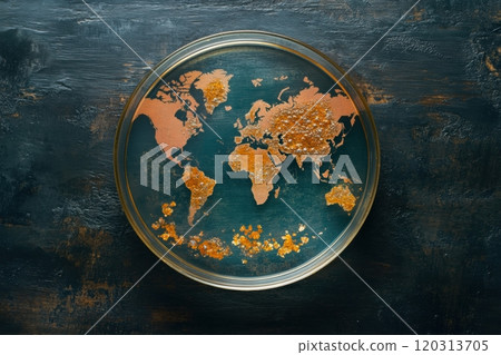 Petri dish showing world map and highlighting virus spreading Petri dish showing world map and highlighting virus spreading 120313705