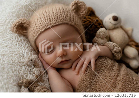 Newborn baby sleeping peacefully wearing knitted bear bonnet, first days of life 120313739