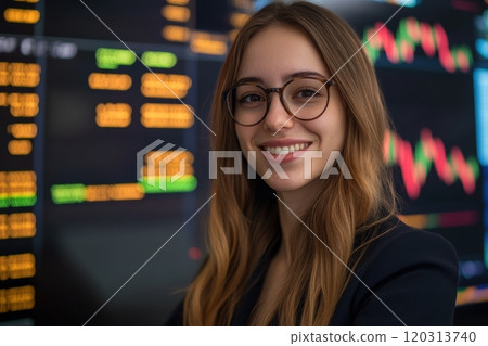 Stockbroker smiling at crypto exchange with charts and numbers displayed on screens 120313740
