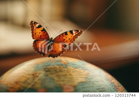 Butterfly flying over planet earth globe showing europe, asia and africa, concept of global environmental issues 120313744