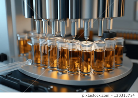 Pipetting machine dispensing liquid into vials in pharmaceutical production 120313754