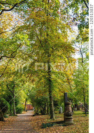 Autumn view of famous Old North Cemetery of Munich, Germany with historic gravestones. Autumn view of famous Old North Cemetery of Munich, Germany with historic gravestones. 120313837