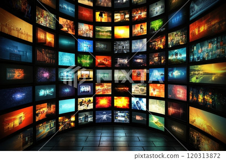 Multimedia video wall showing diverse content in a dark room 120313872