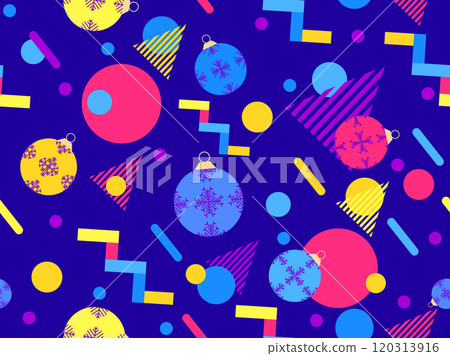 Geometric seamless pattern with Christmas balls. Christmas decorations and geometric shapes in 80's memphis style. Design of wallpapers, wrappers, covers, banners and posters. Vector illustration 120313916