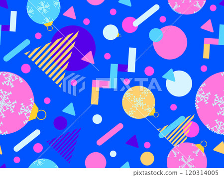 Geometric seamless pattern with Christmas balls. Christmas decorations and geometric shapes in 80's memphis style. Design of wallpapers, wrappers, covers, banners and posters. Vector illustration 120314005