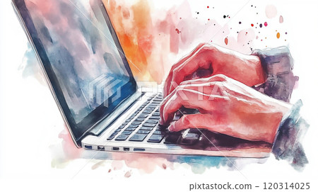 Watercolor illustration of a hand operating a laptop 120314025
