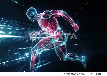 Muscular system of athlete running at high speed showing anatomy and physiology 120314040